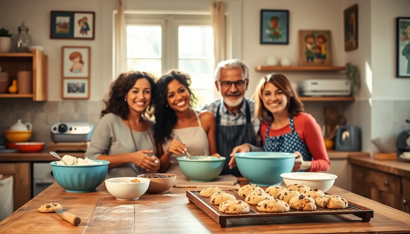 a diverse group enjoying baking cookies in a cozy kitchen.