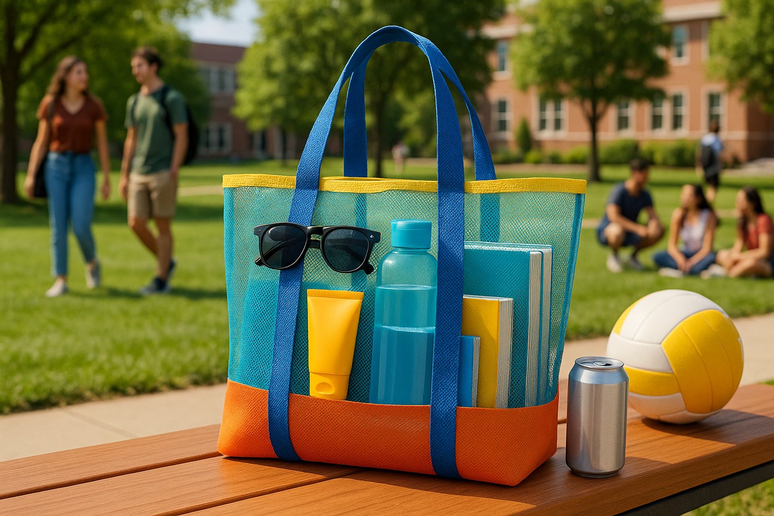Mesh beach bag with student essentials on a sunny college campus bench.