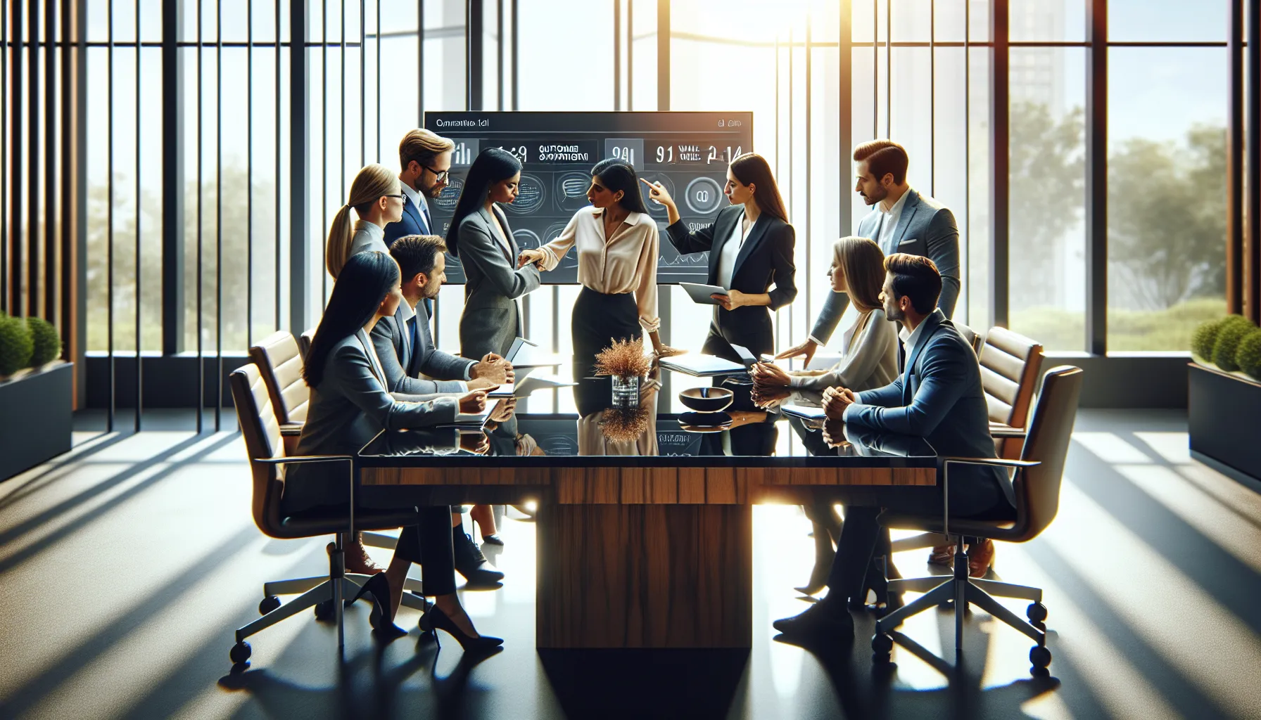 diverse professionals discussing customer service in a modern office.