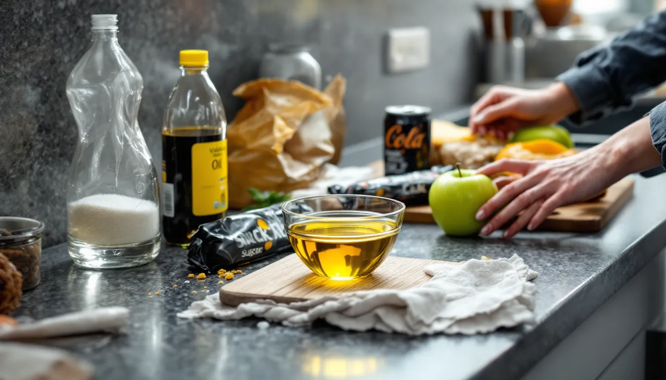 Kitchen counter with processed foods and healthier alternatives in the background.