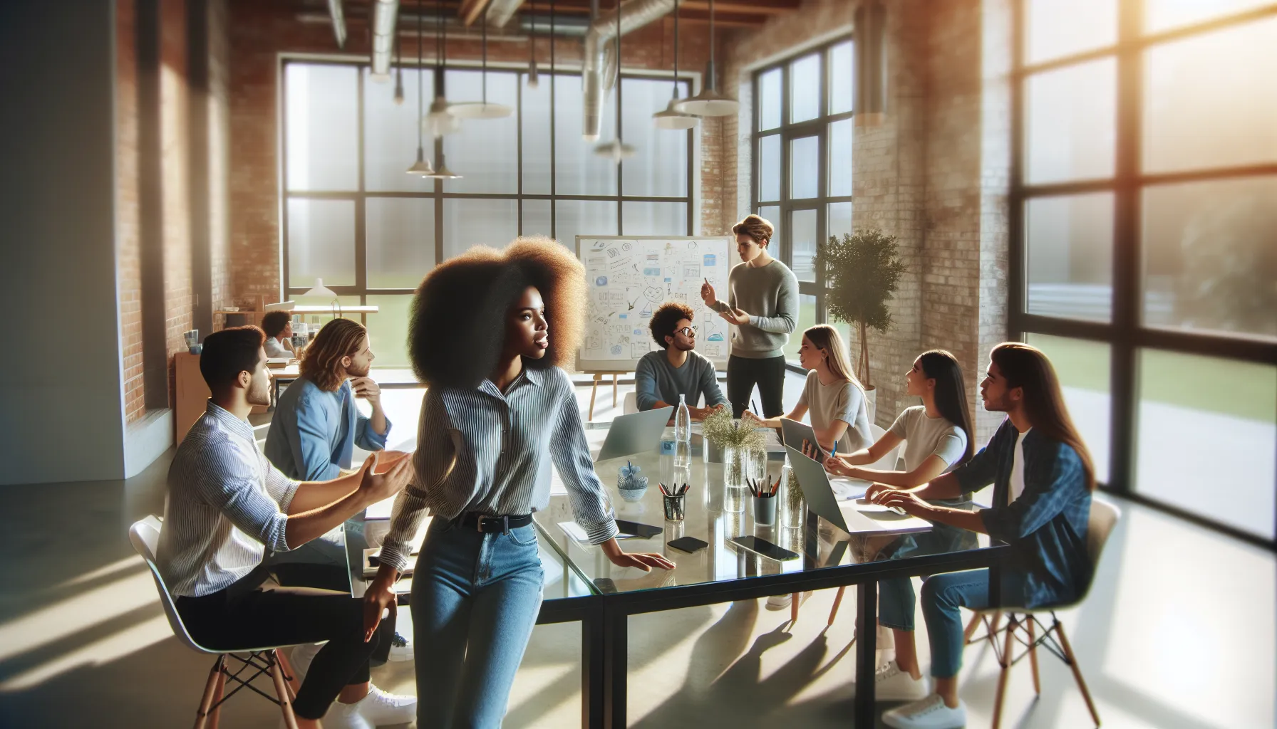 diverse content creators collaborating in a modern office setting.