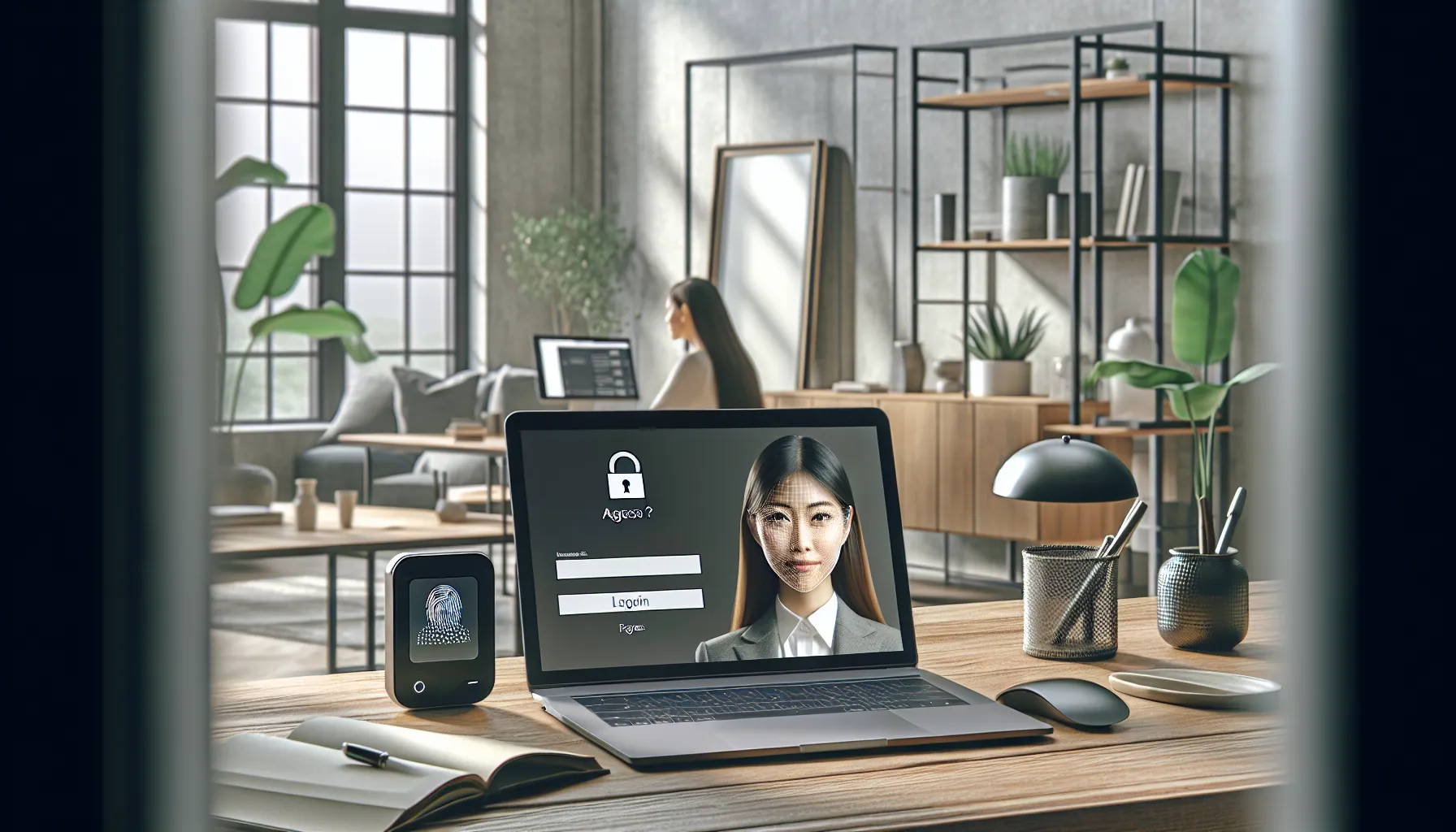 professional using Apple Sign on a laptop in a modern workspace.