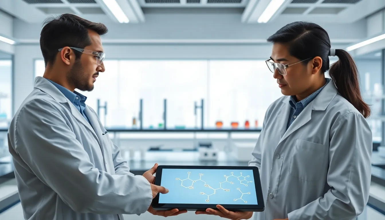 scientists discussing chemical properties in a modern laboratory.