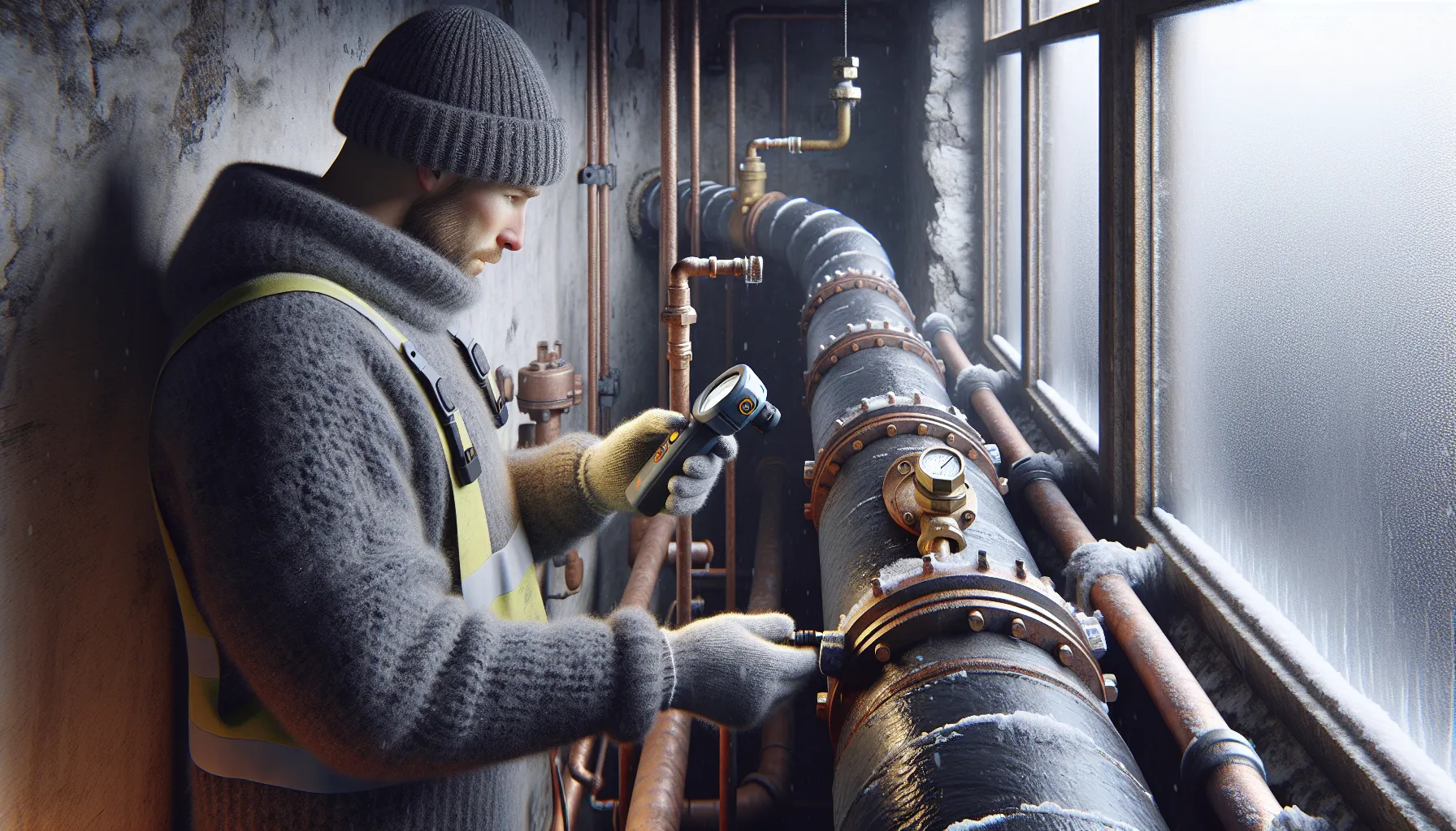 Close-up of corroded metal pipe junction inspected by a norwegian technician.