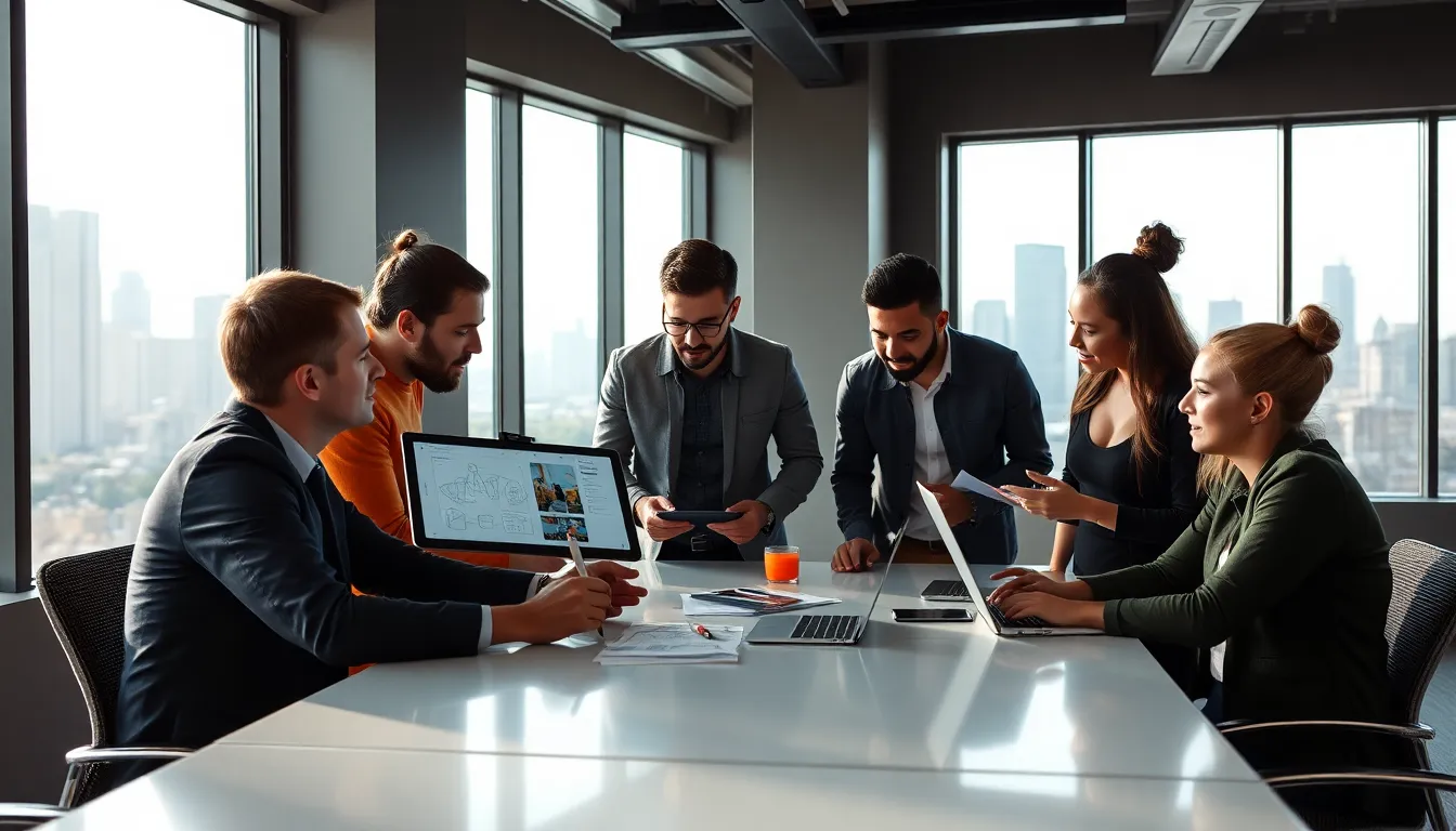 diverse team collaborating on mobile app development in a modern office.