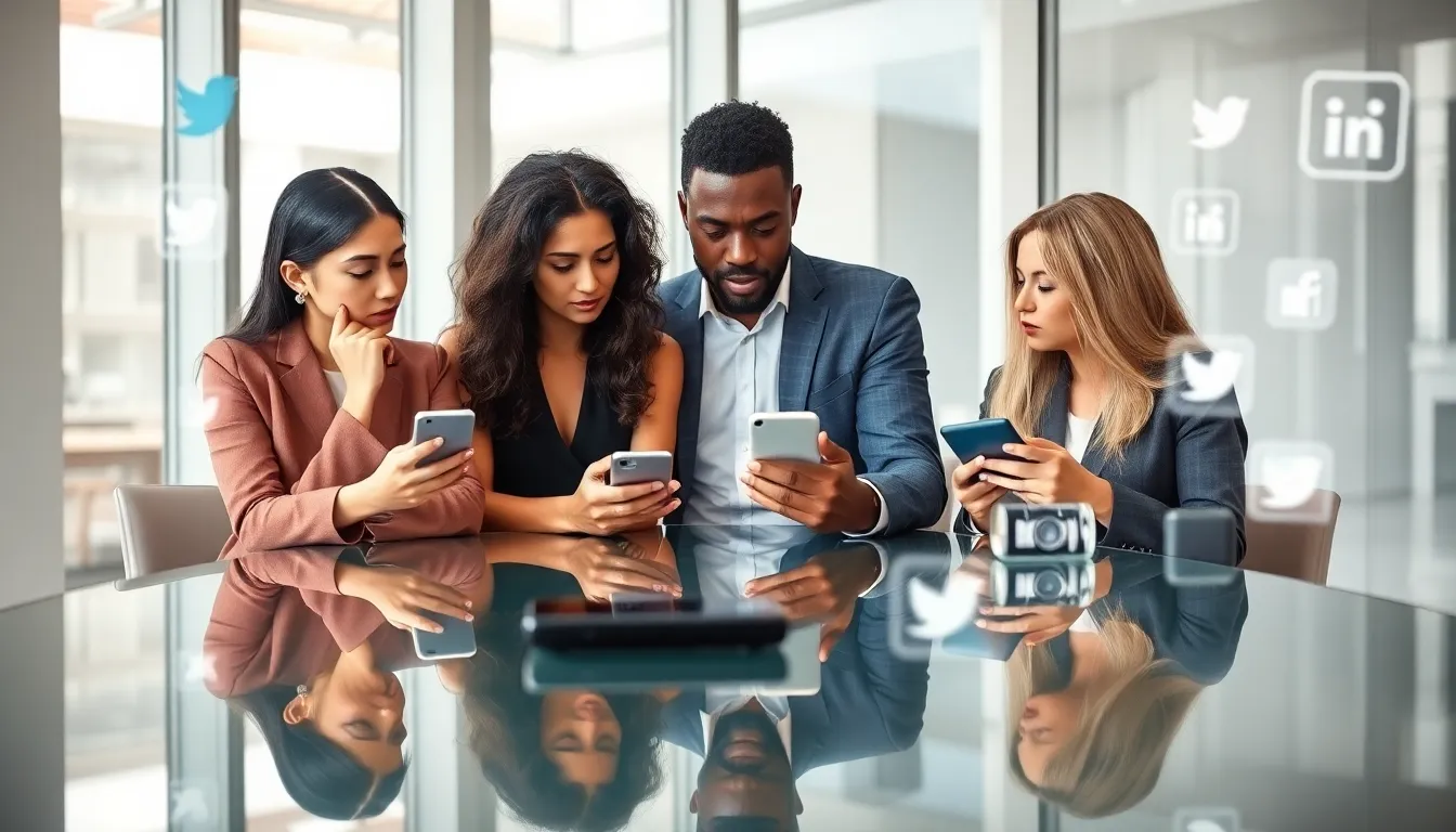 three professionals discussing the impact of social media addiction in an office.