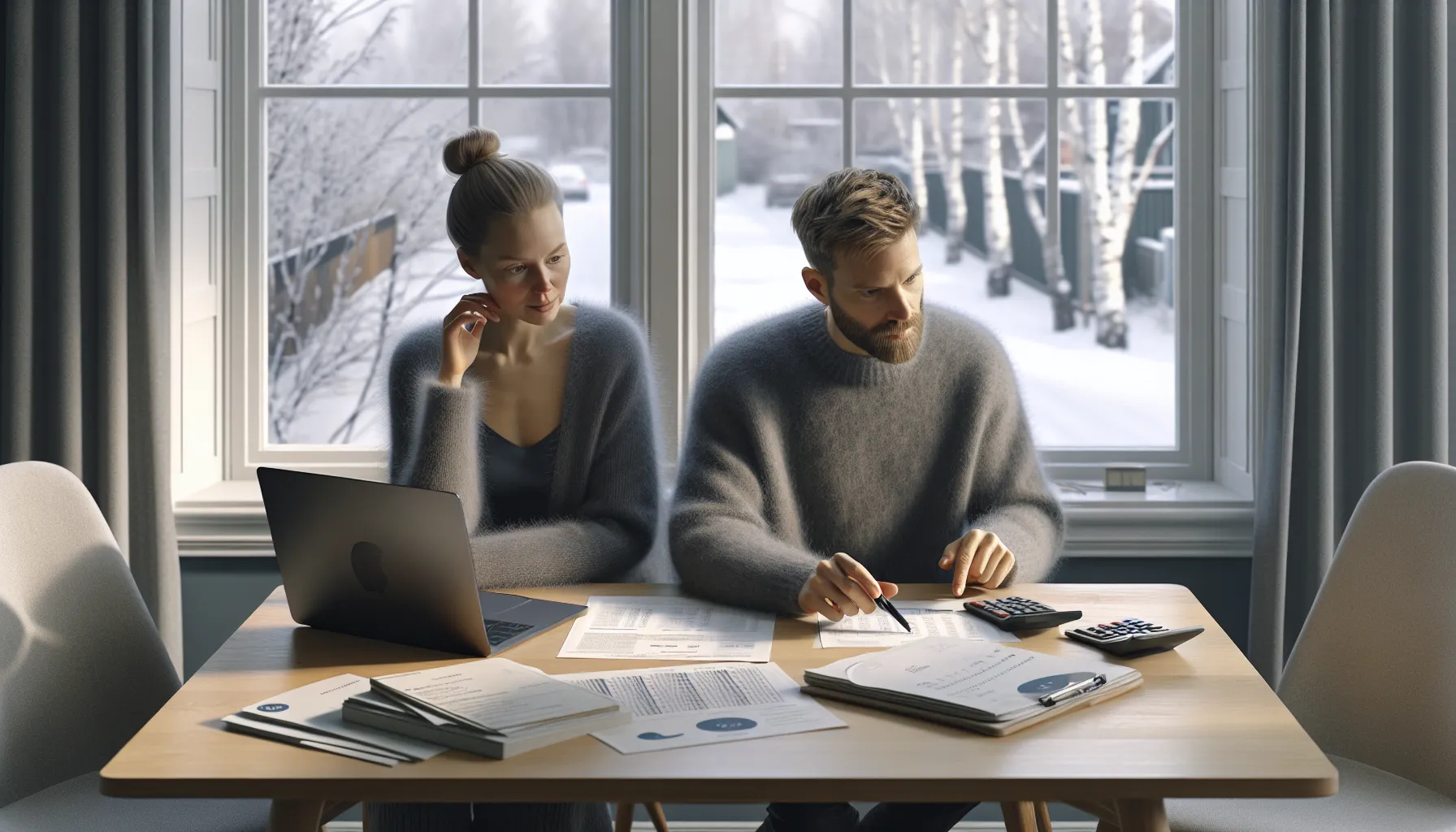 Norwegian couple reviews mortgage metrics, valuation, and budget at a sunlit table.
