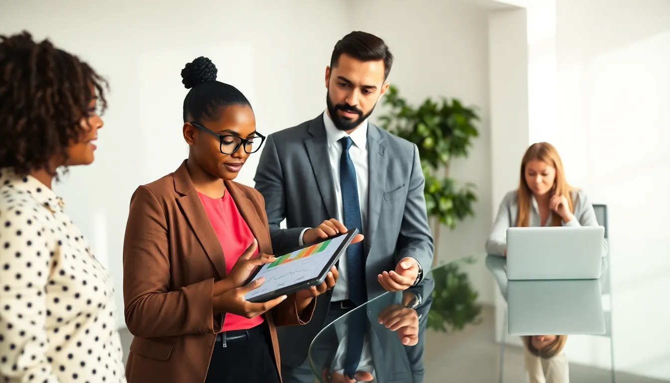 diverse team discussing credit scores in a modern office.