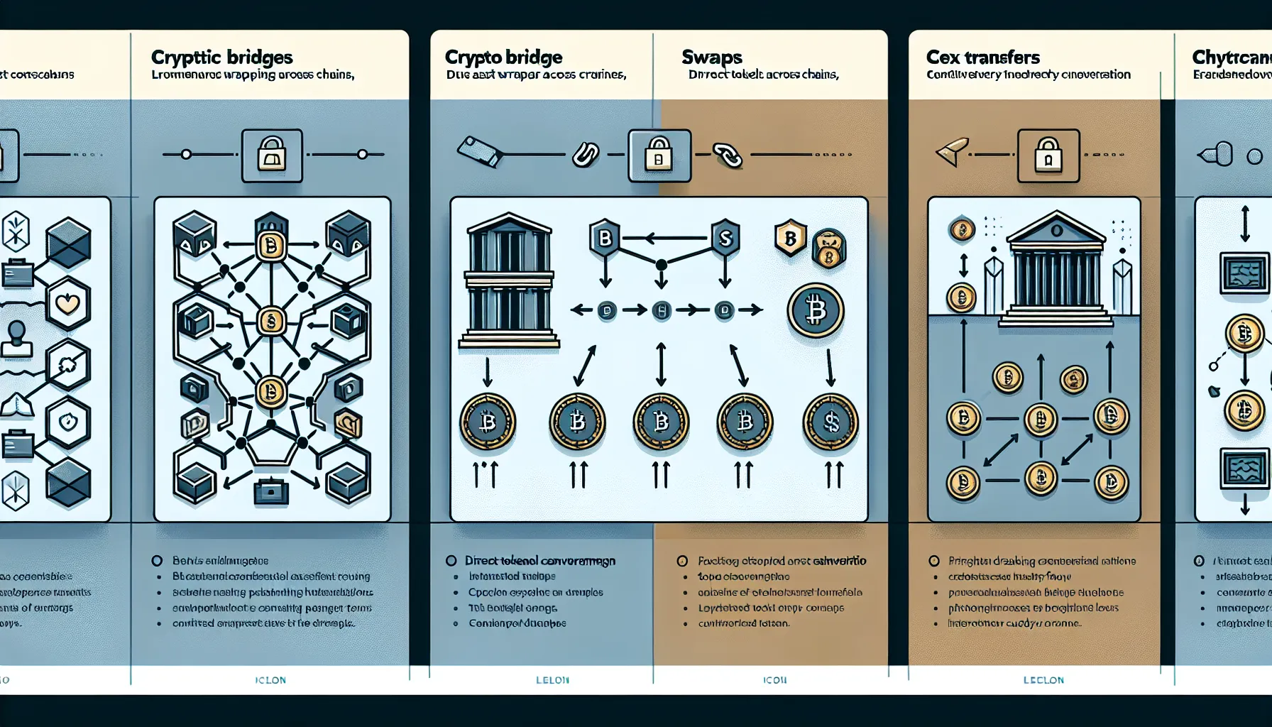 Three-column comparison of crypto bridges, swaps, and CEX transfers with pathways and icons.