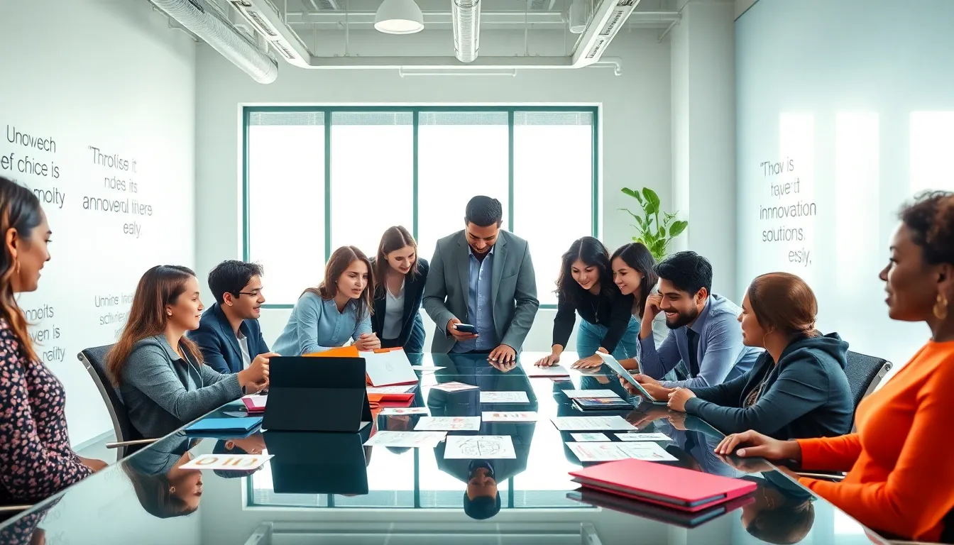 diverse team brainstorming innovative solutions in a modern office.