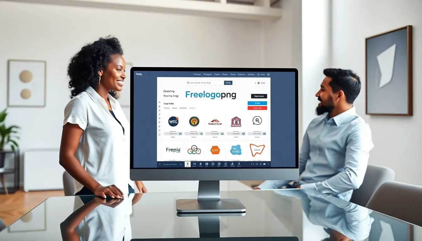 diverse professionals designing logos in a modern office.