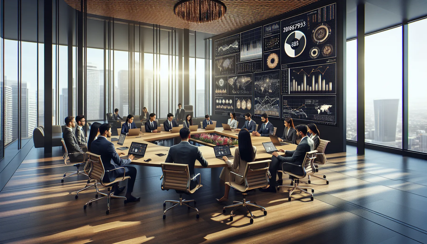 diverse professionals analyzing data in a modern office setting.