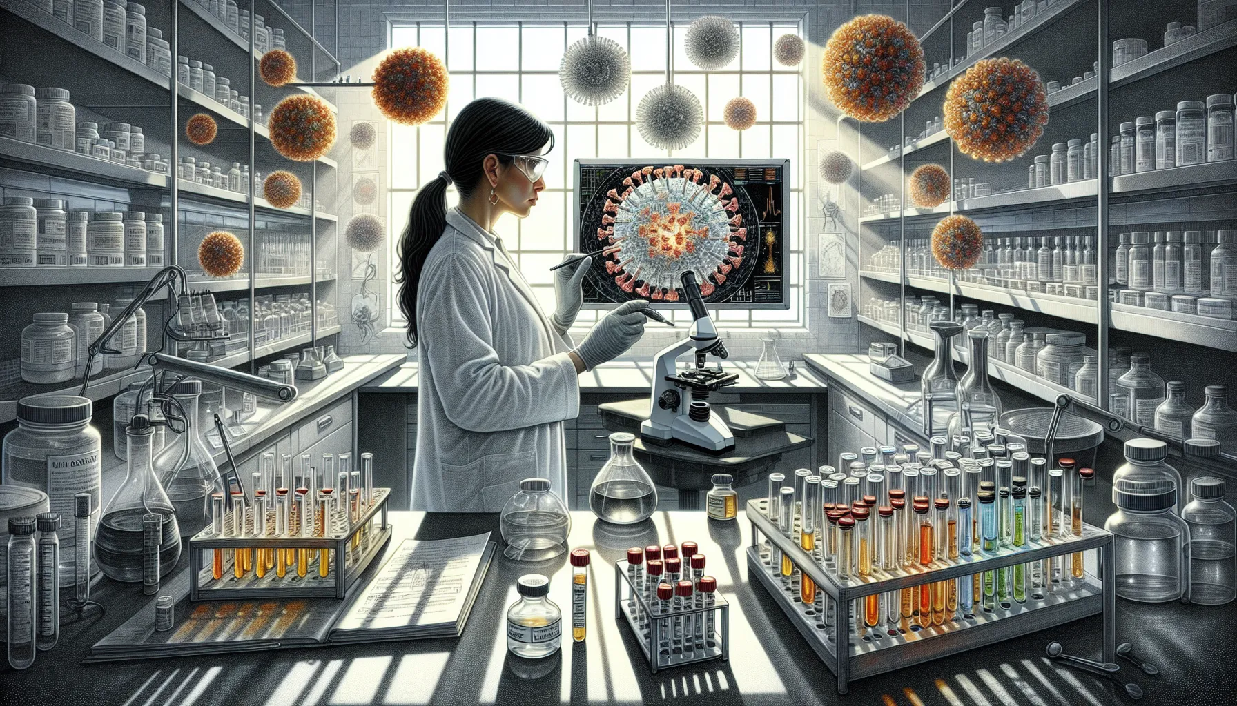 A scientist studying flu viruses in a modern laboratory.