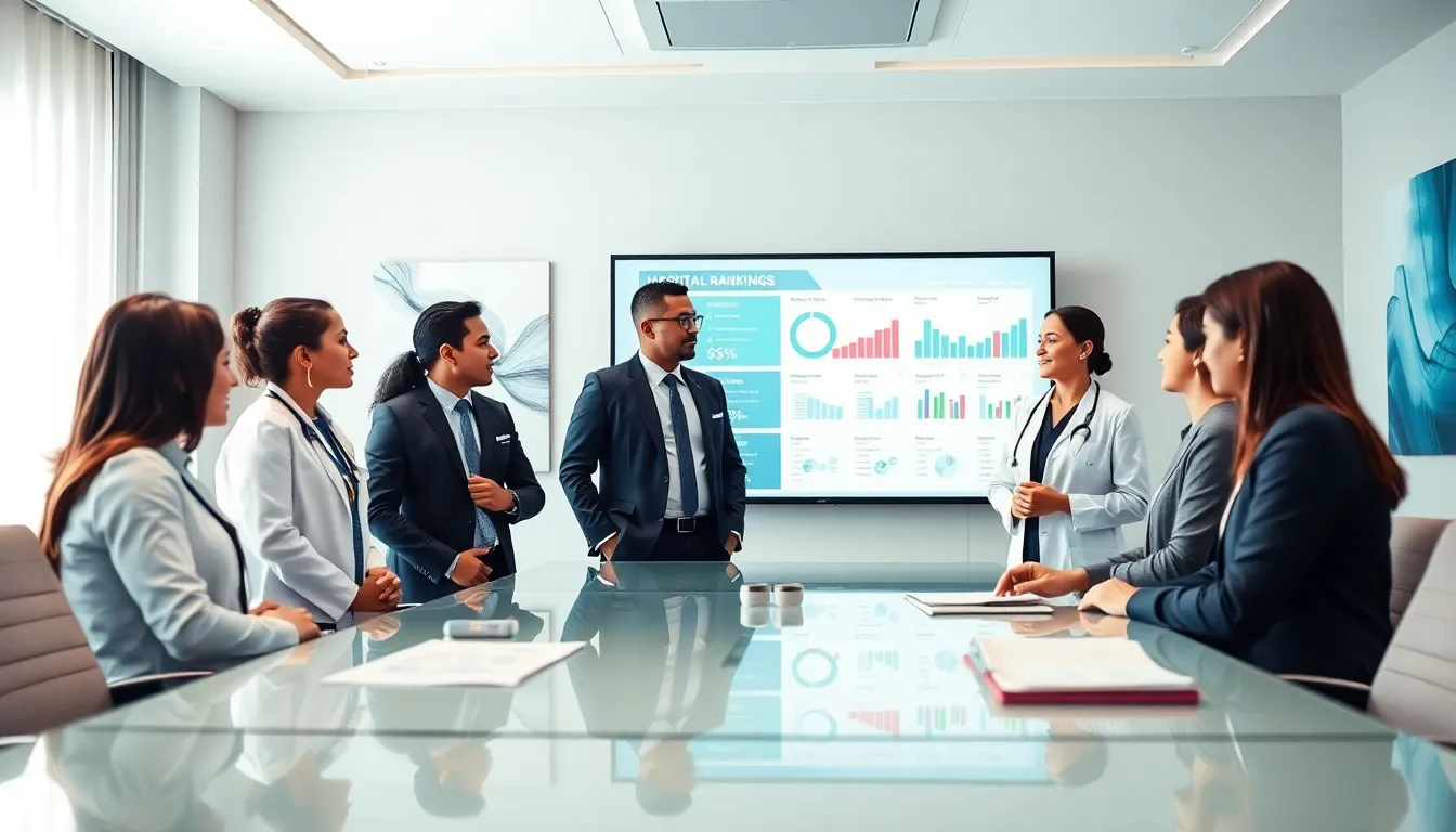 diverse healthcare professionals discussing hospital rankings in a modern conference room.