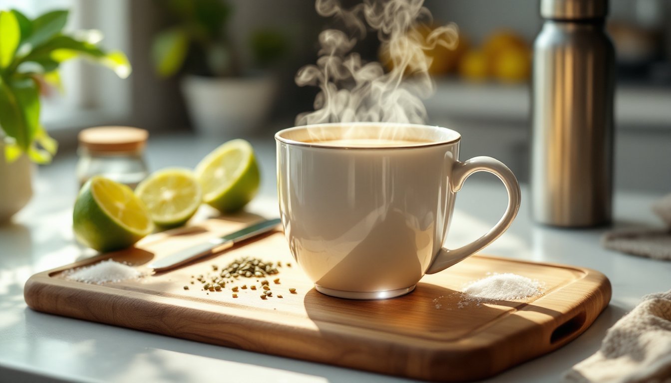 Warm herbal tea with lime and mineral salt on a sunlit kitchen counter.