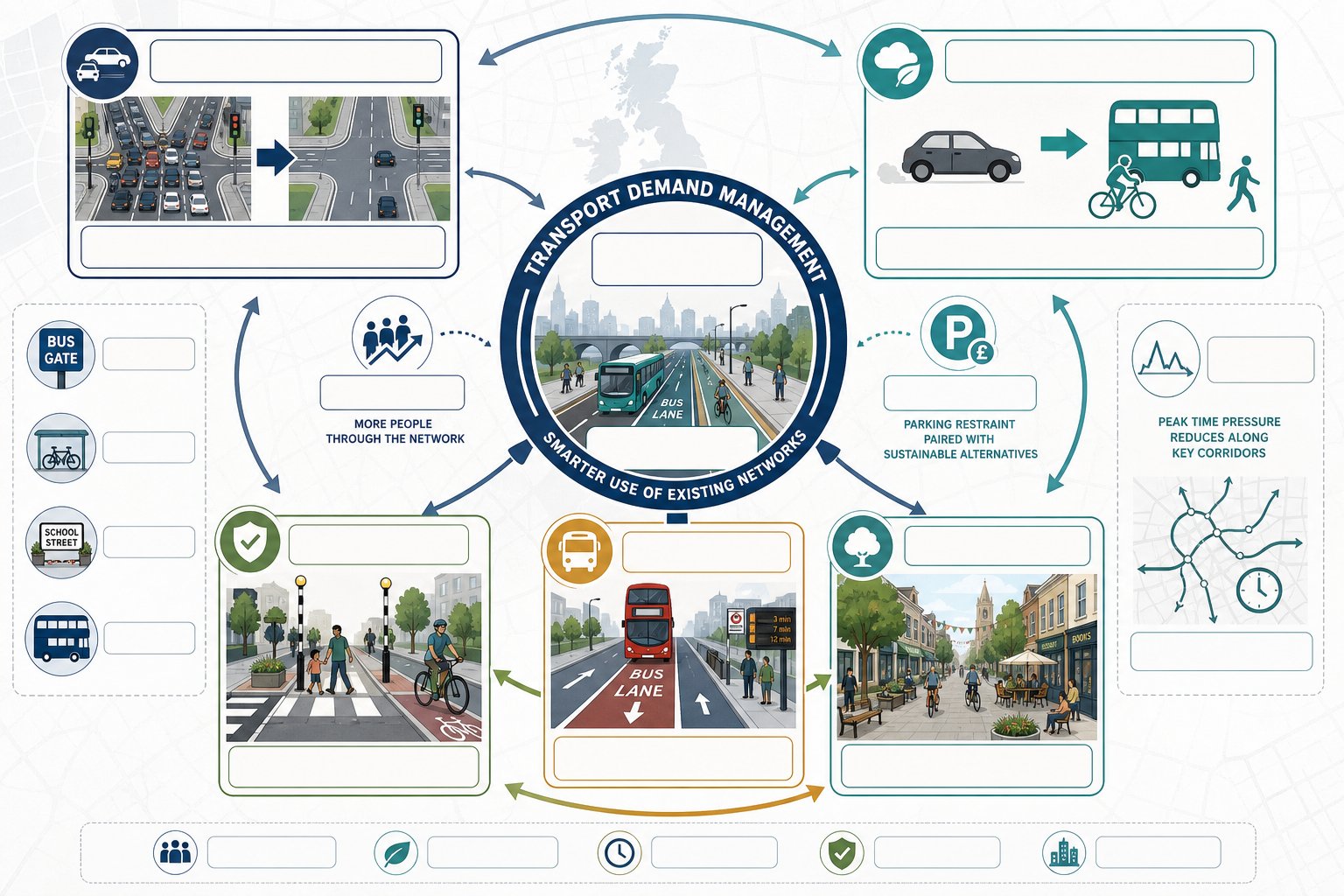 Infographic showing transport demand management goals in UK streets and networks.