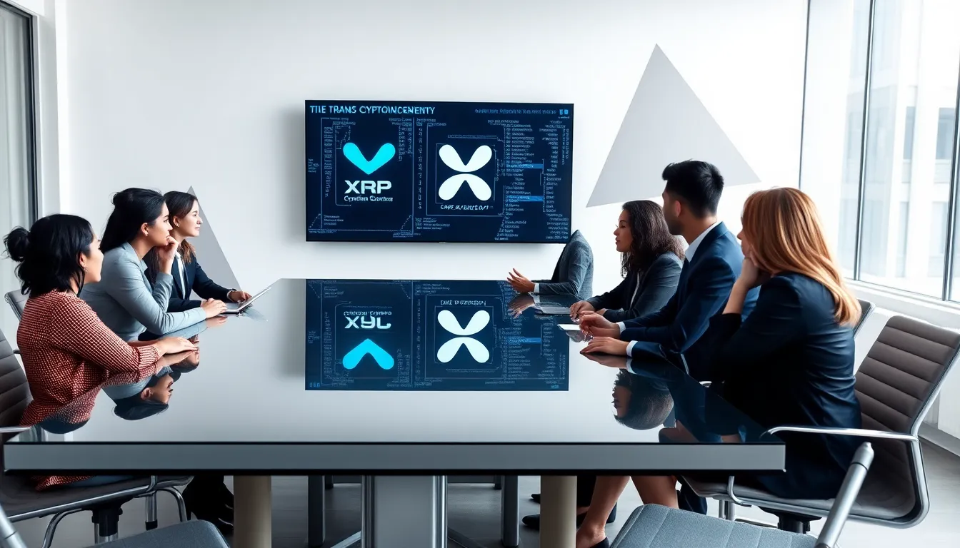 team discussing cryptocurrency in a modern office setting.