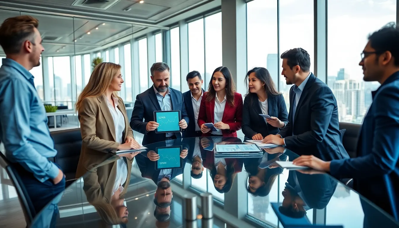 professionals collaborating in a modern office to foster connections.