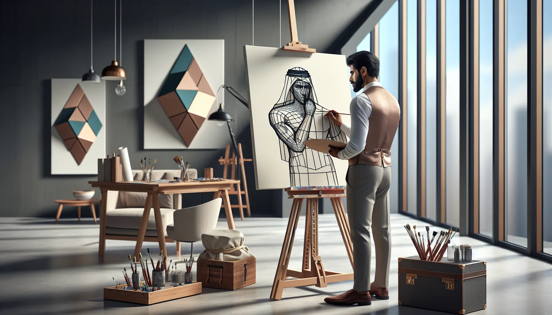 artist creating a minimalist outline in a modern studio.