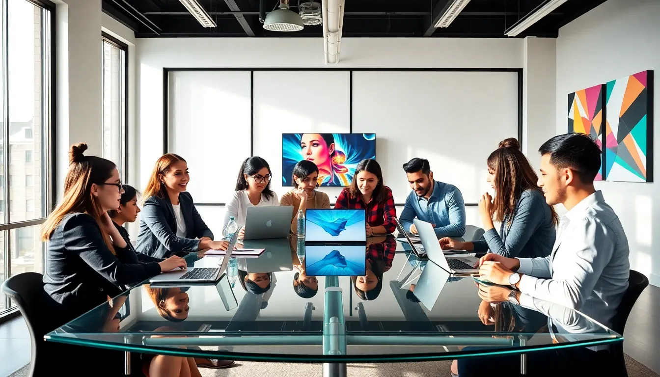 diverse team collaborating on creative technology in a modern office.