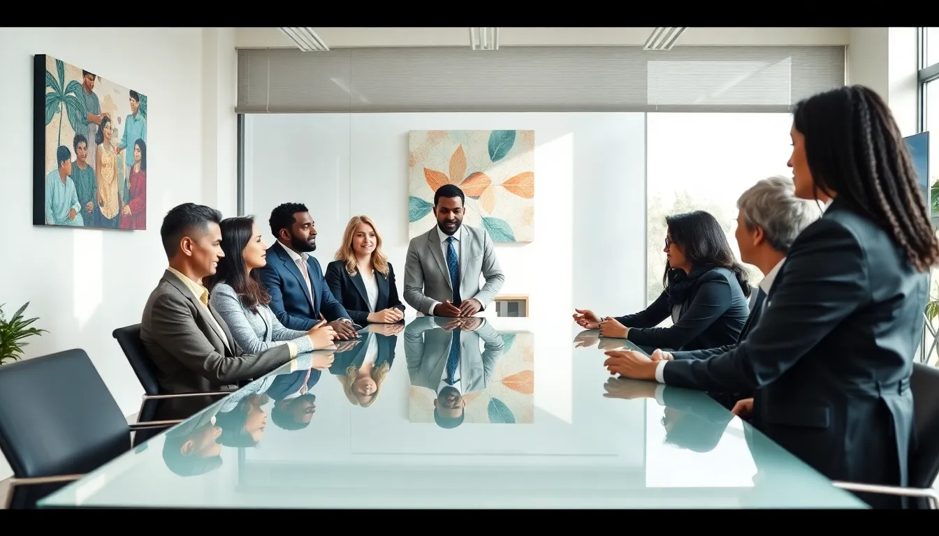 diverse group collaborating in a modern office on cultural practices.