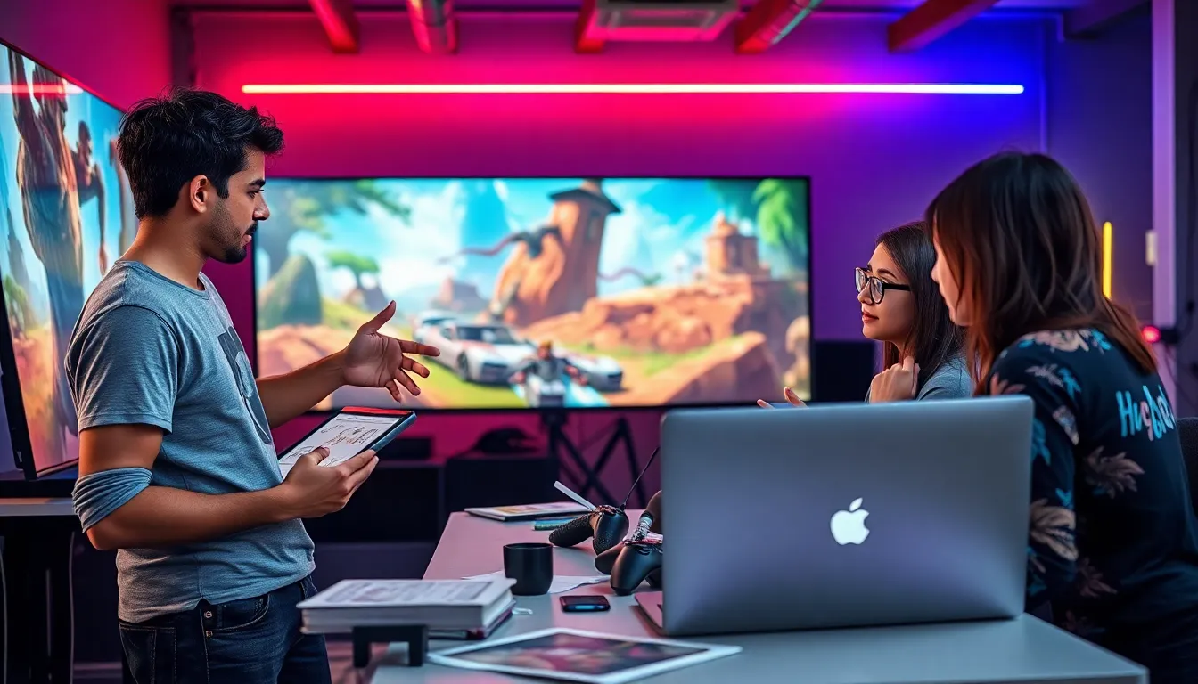 a diverse team of game developers collaborating in a creative studio.