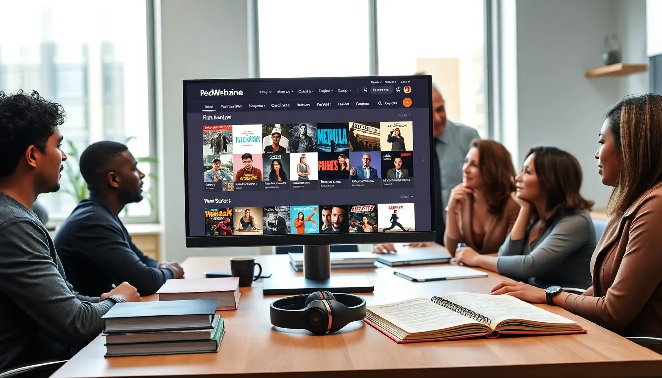 professionals collaborating over digital archives of entertainment.
