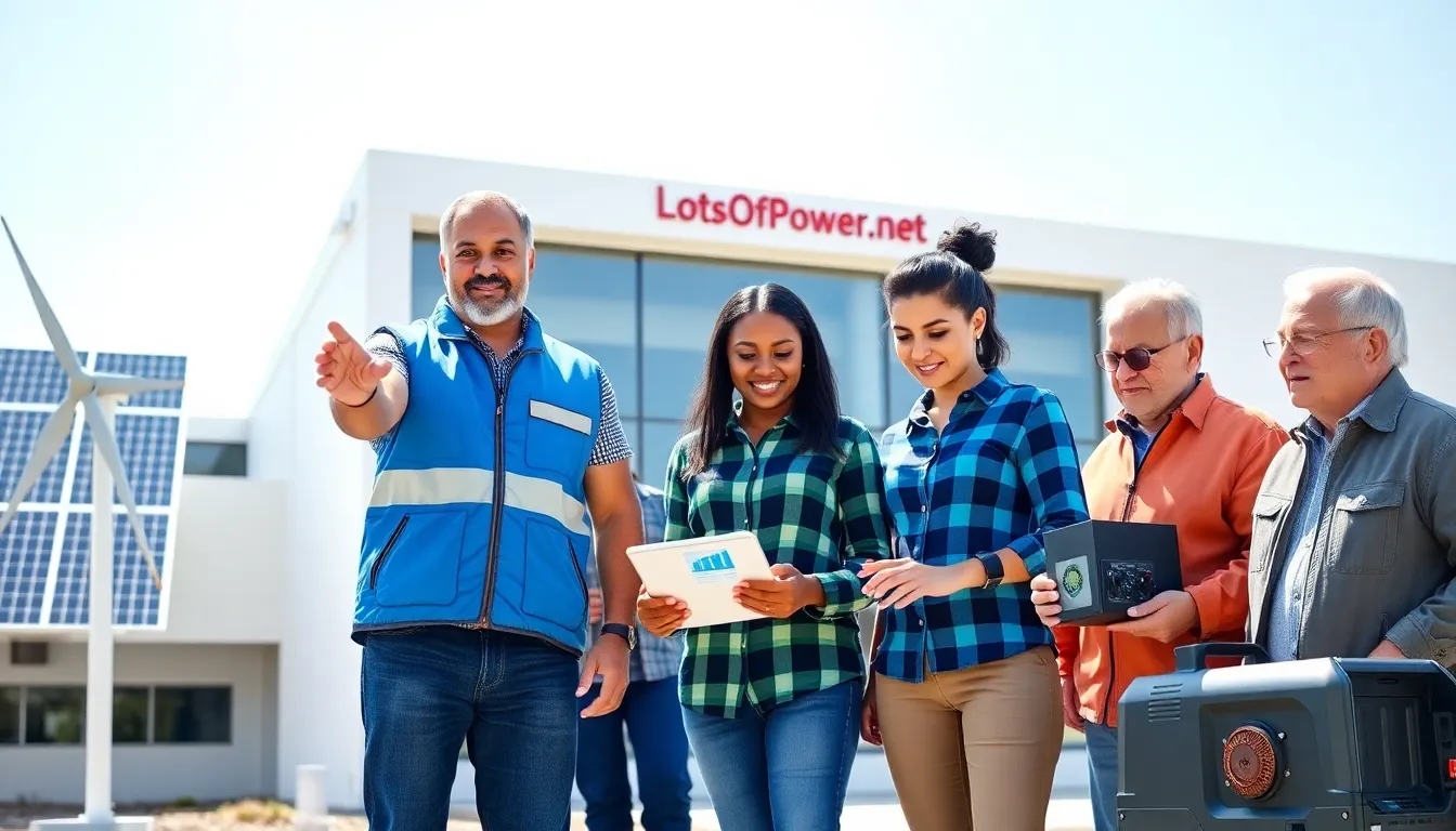 a diverse group discussing energy solutions at a modern energy center.