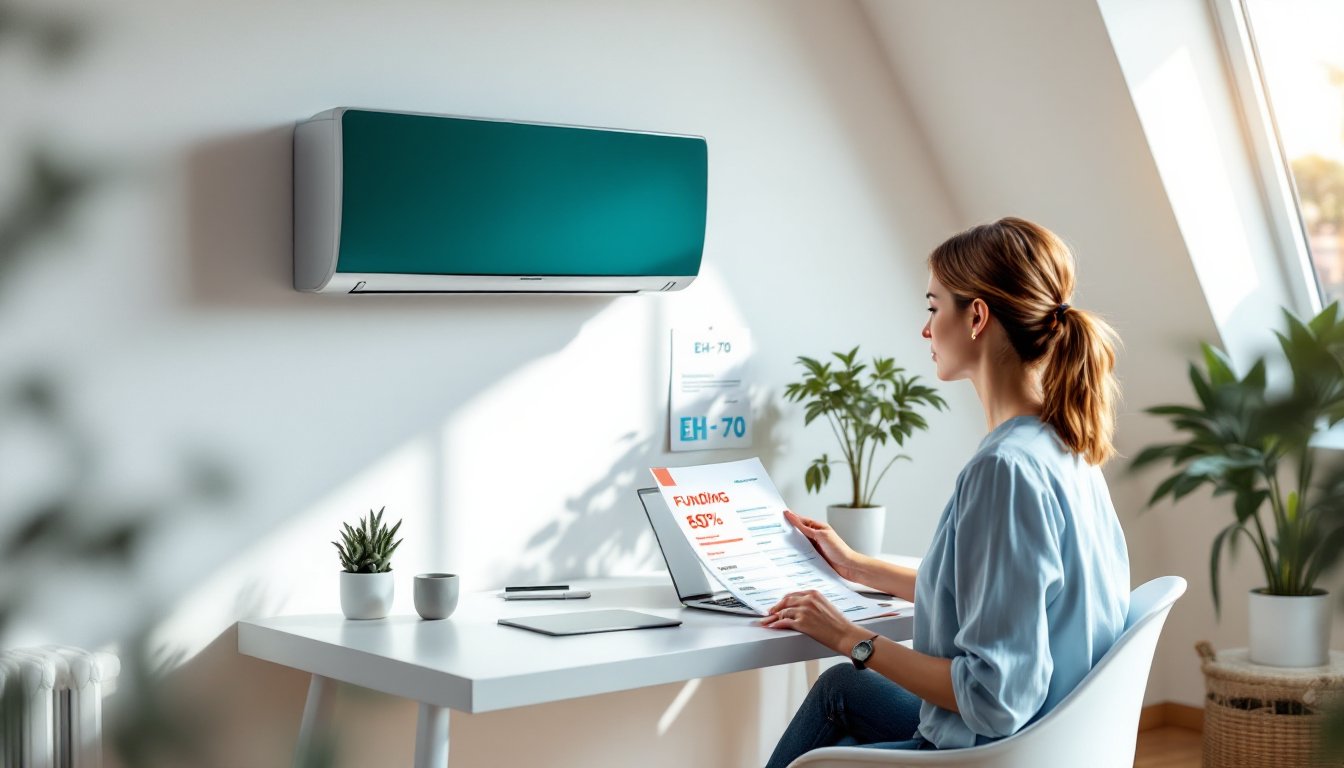 A woman reviews a climate system funding document at a modern German home desk.