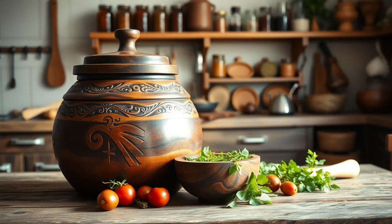 Traditional mäldkärl on a rustic table with fresh ingredients.