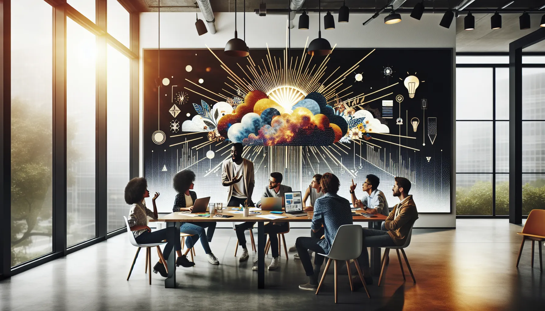 diverse team brainstorming with digital graphics in a modern office.