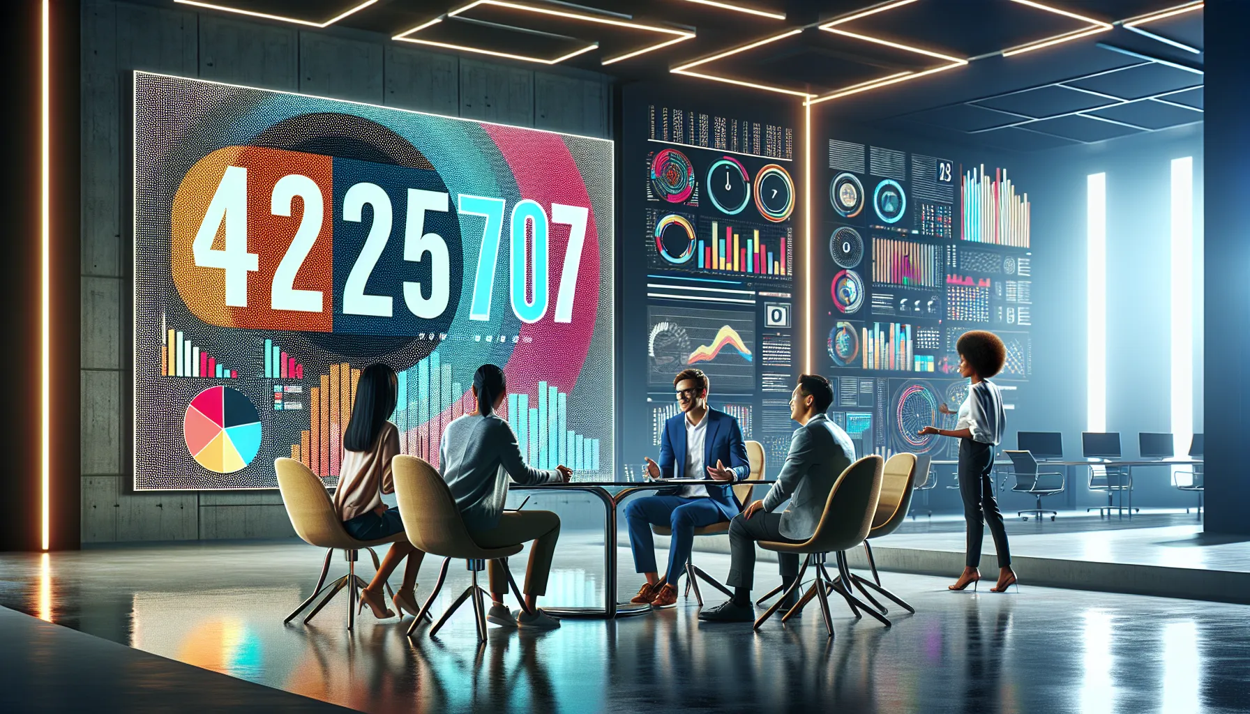 team discussing the cultural significance of a number in a modern studio.