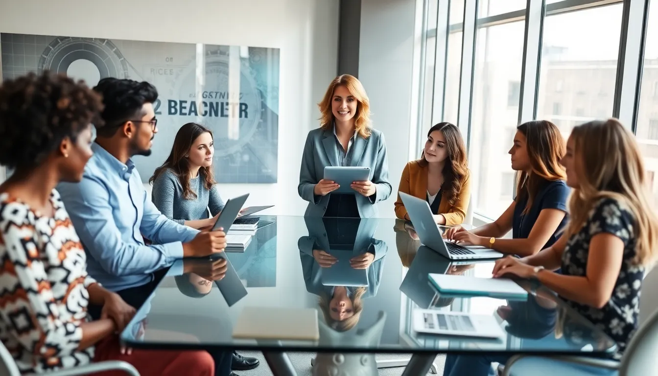 Stacy Klinger leading a diverse team in a collaborative office setting.