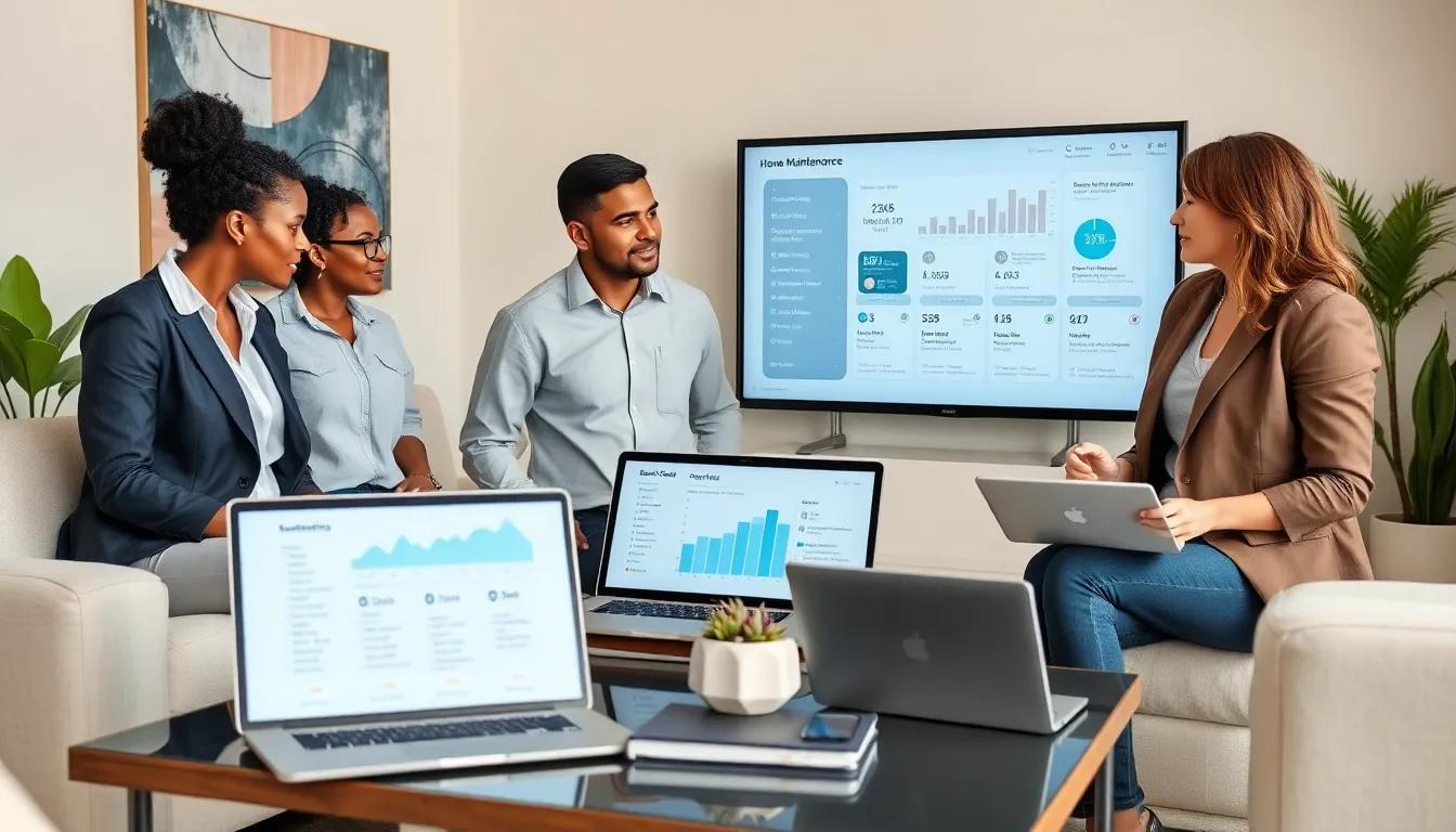 diverse team discussing home maintenance subscription services in a modern room.