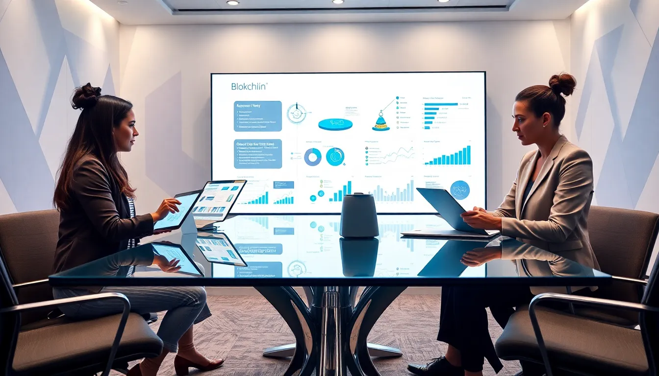 professionals discussing blockchain technology in a modern office.