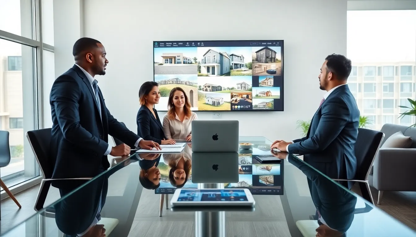 real estate agents consulting with clients in a modern office.