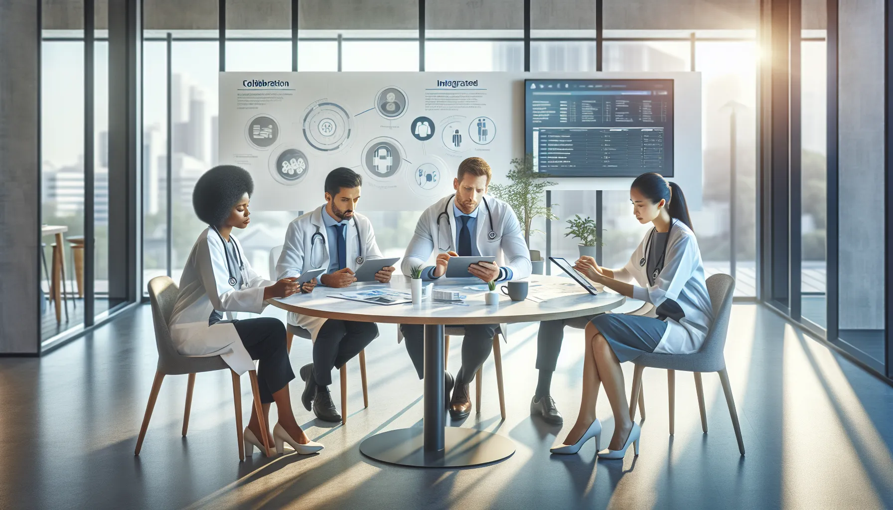 diverse healthcare team collaborating on digital solutions in a modern office.