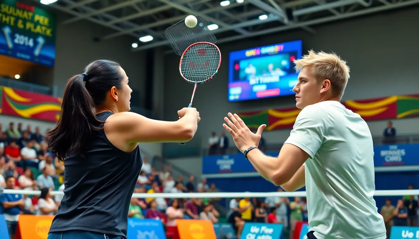 players competing in an intense badminton match in a lively arena.