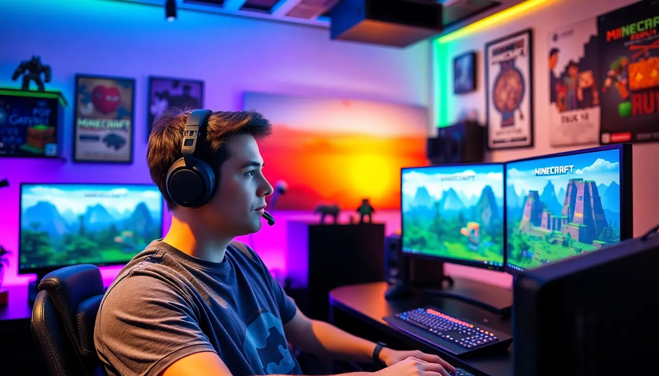 a gamer playing Minecraft Java Edition in a colorful gaming room.