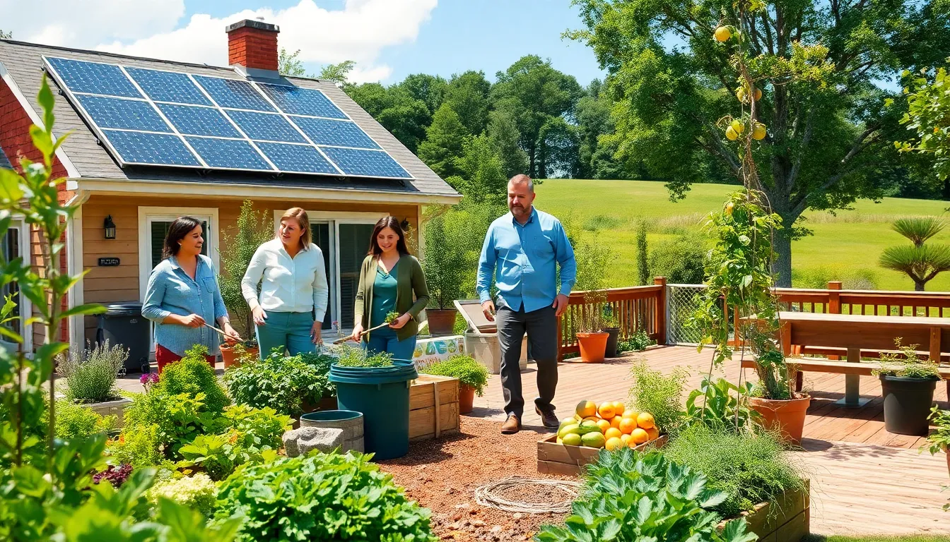 A diverse family engaged in self sustainable living activities in a modern backyard.