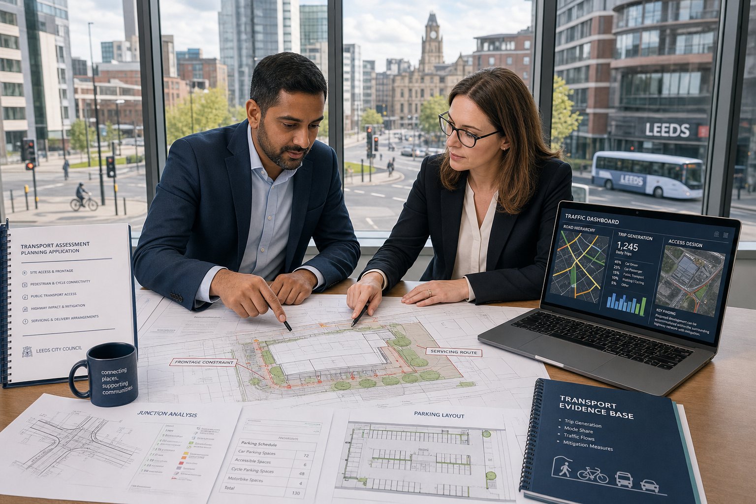 Traffic engineer reviewing Leeds planning transport documents with design team.