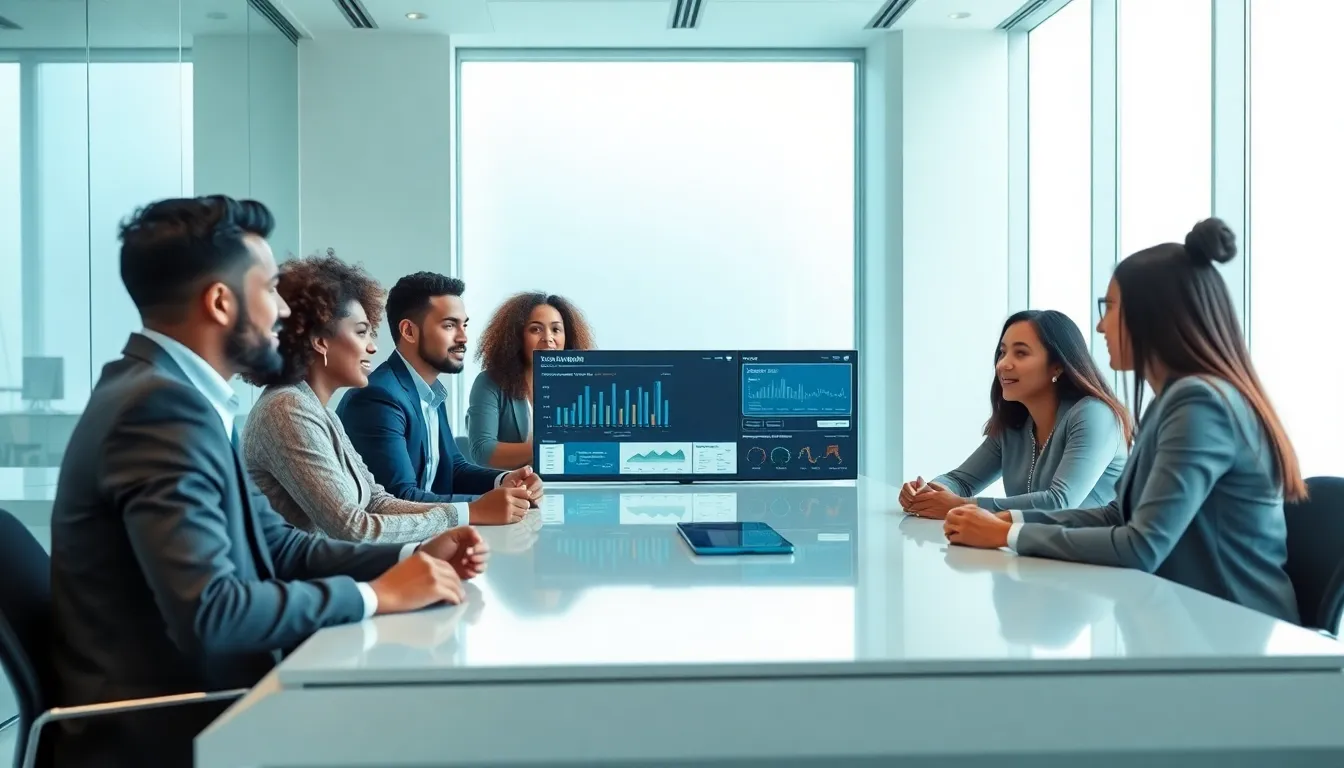 diverse team collaborating in a modern workspace around Gia Vanquish.