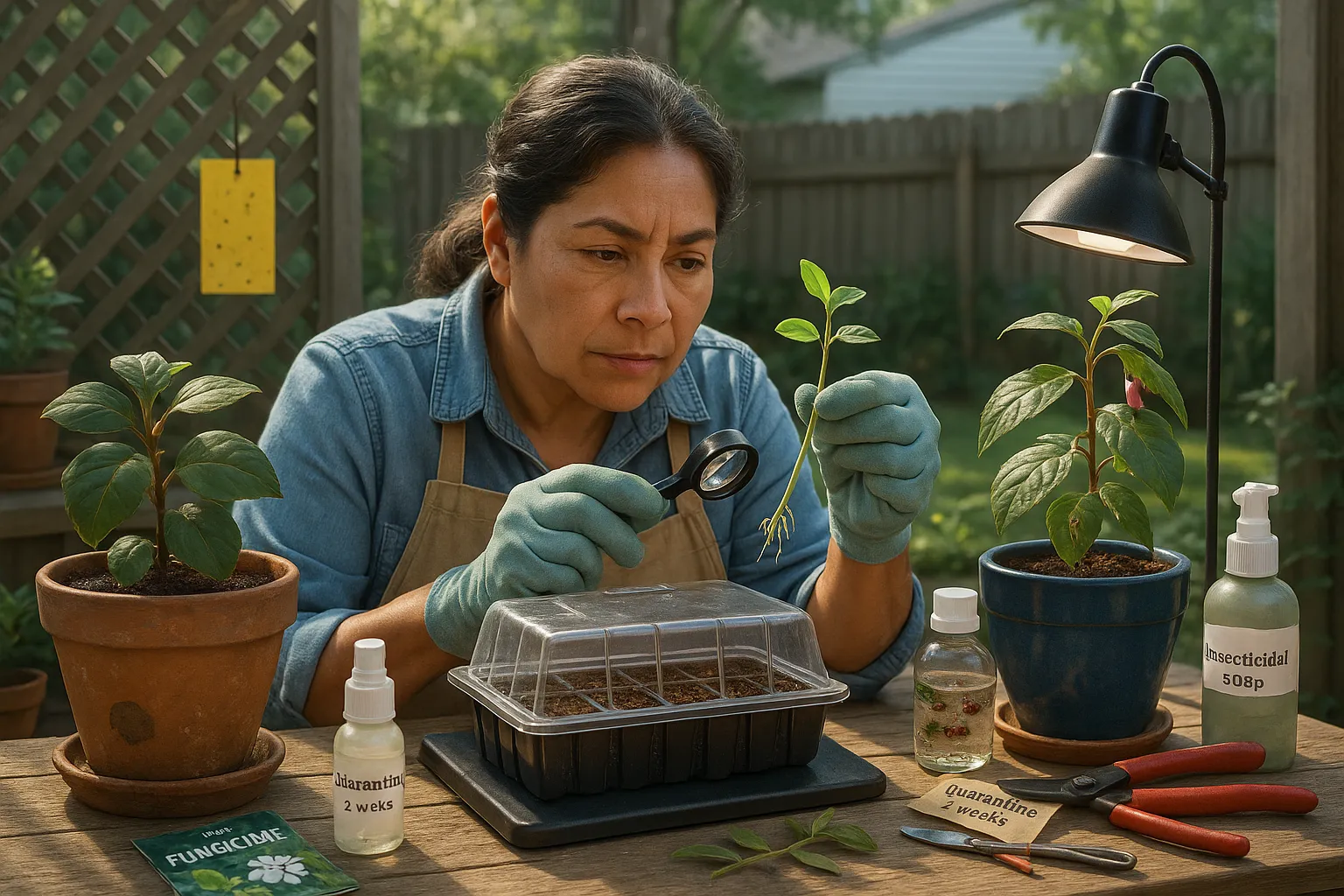 Gardener rooting fuchsia cuttings while inspecting pests and plant problems.