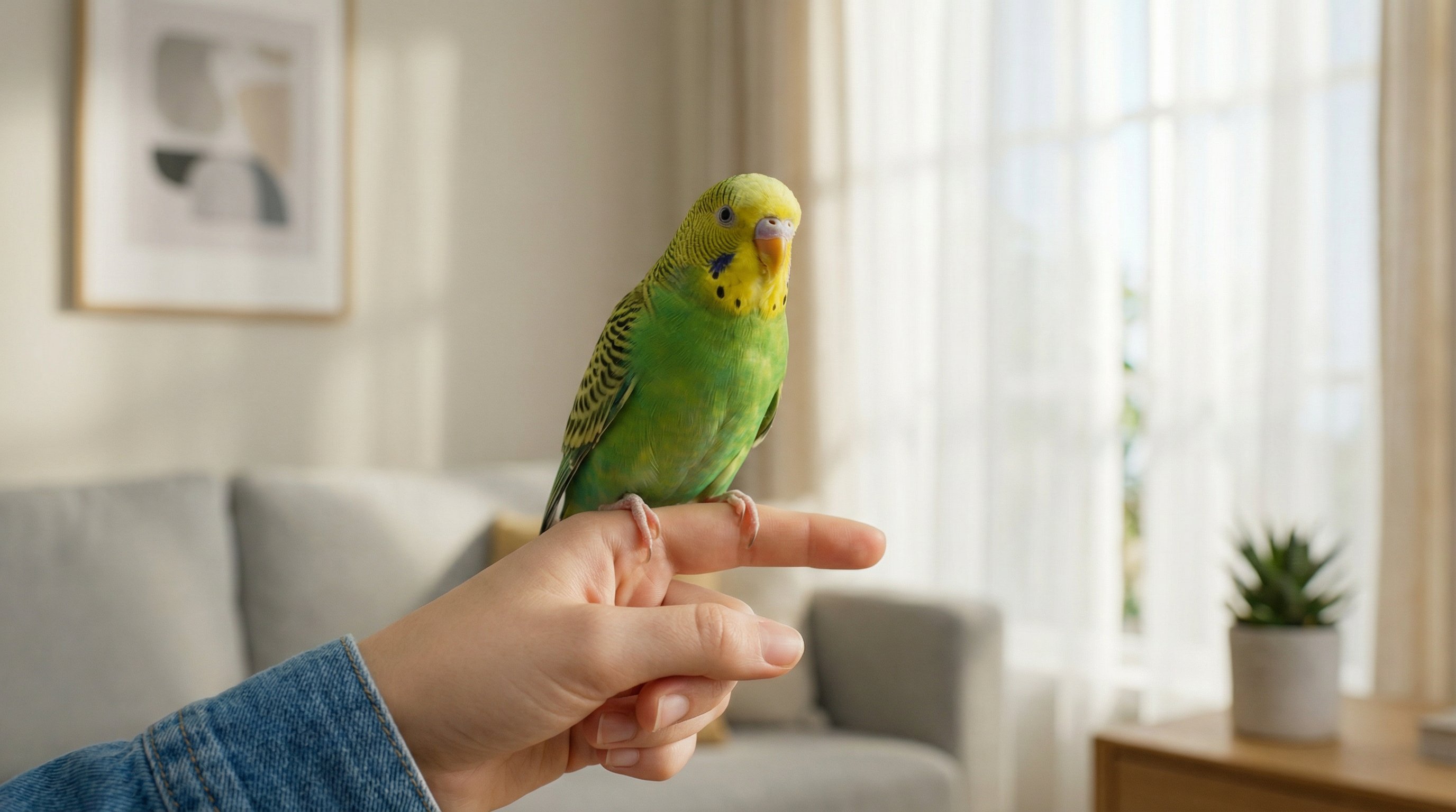 A green parakeet perched on a finger near a sunlit window indoors.
