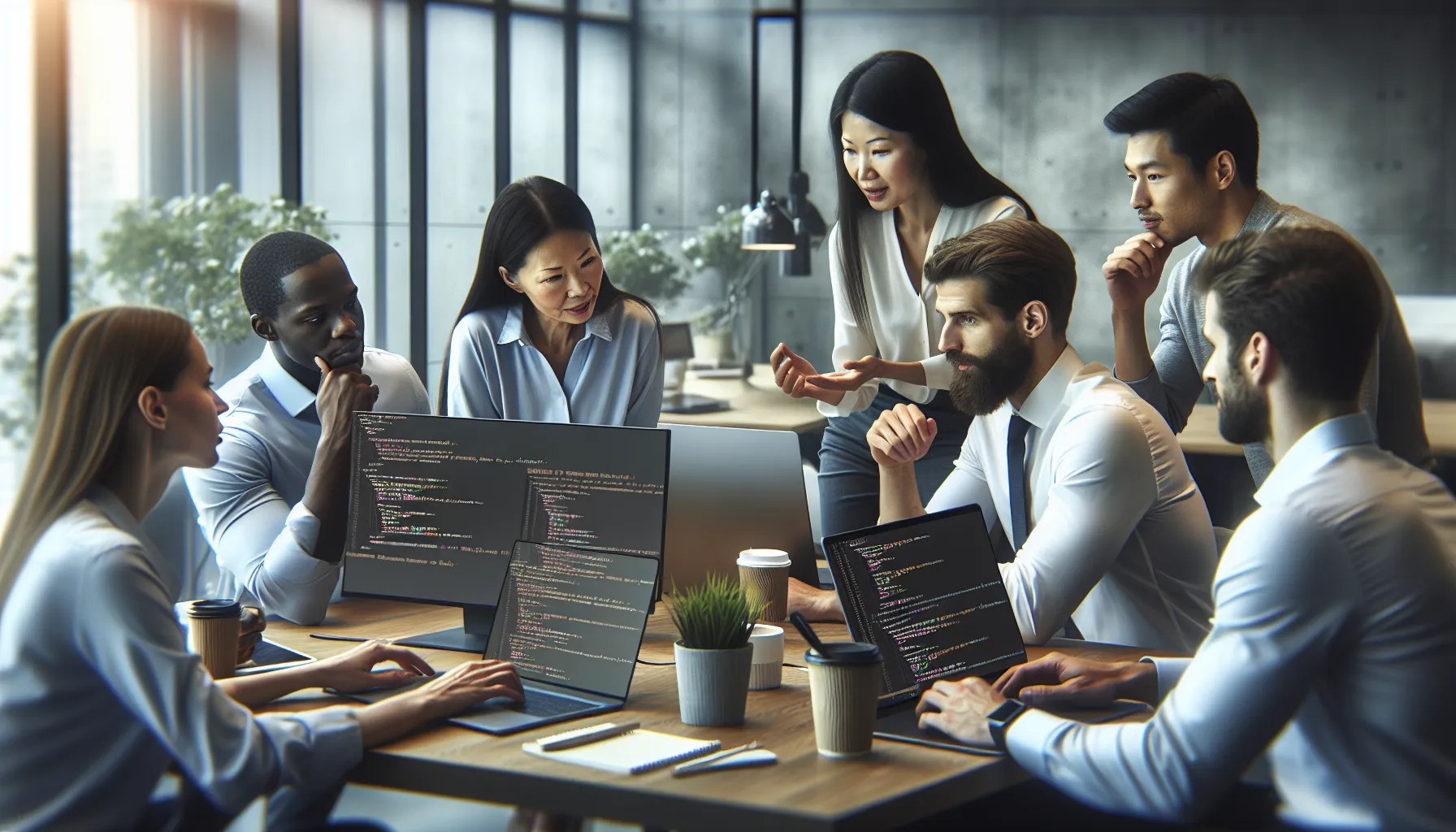 diverse team discussing Python 54axhg5 in a modern office.