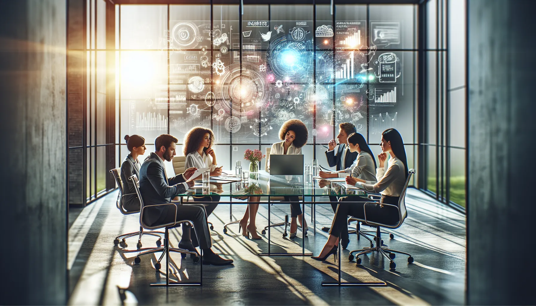 diverse professionals collaborating on digital innovation ideas.