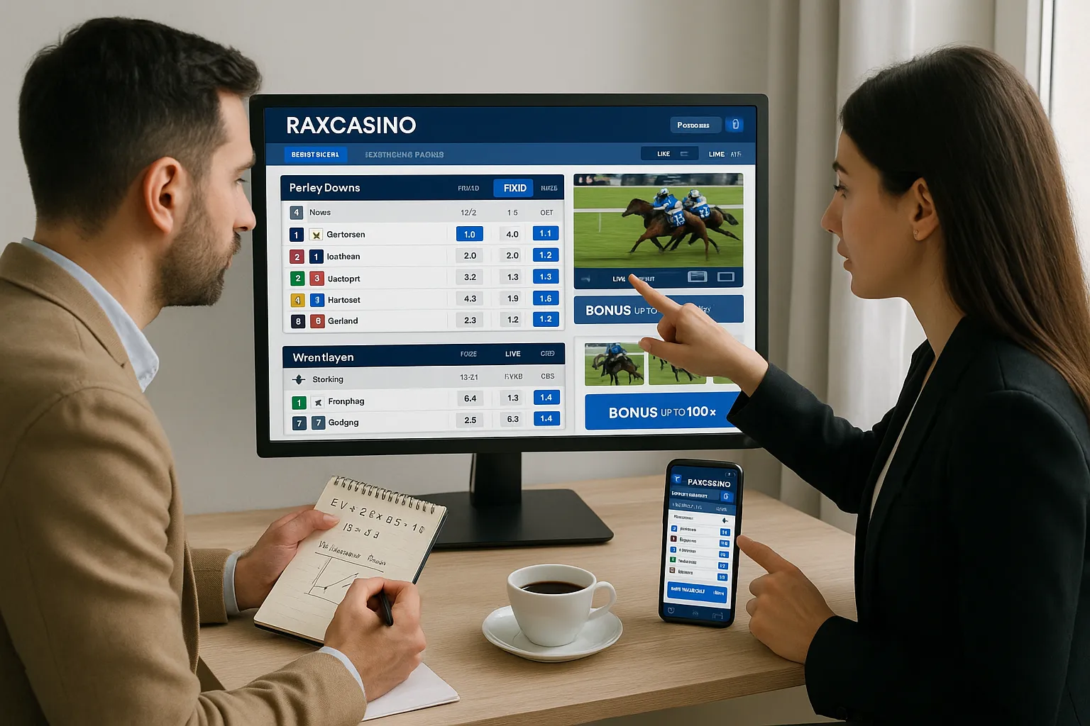 Two professionals analyzing Raxcasino racing bets on screens with live odds.