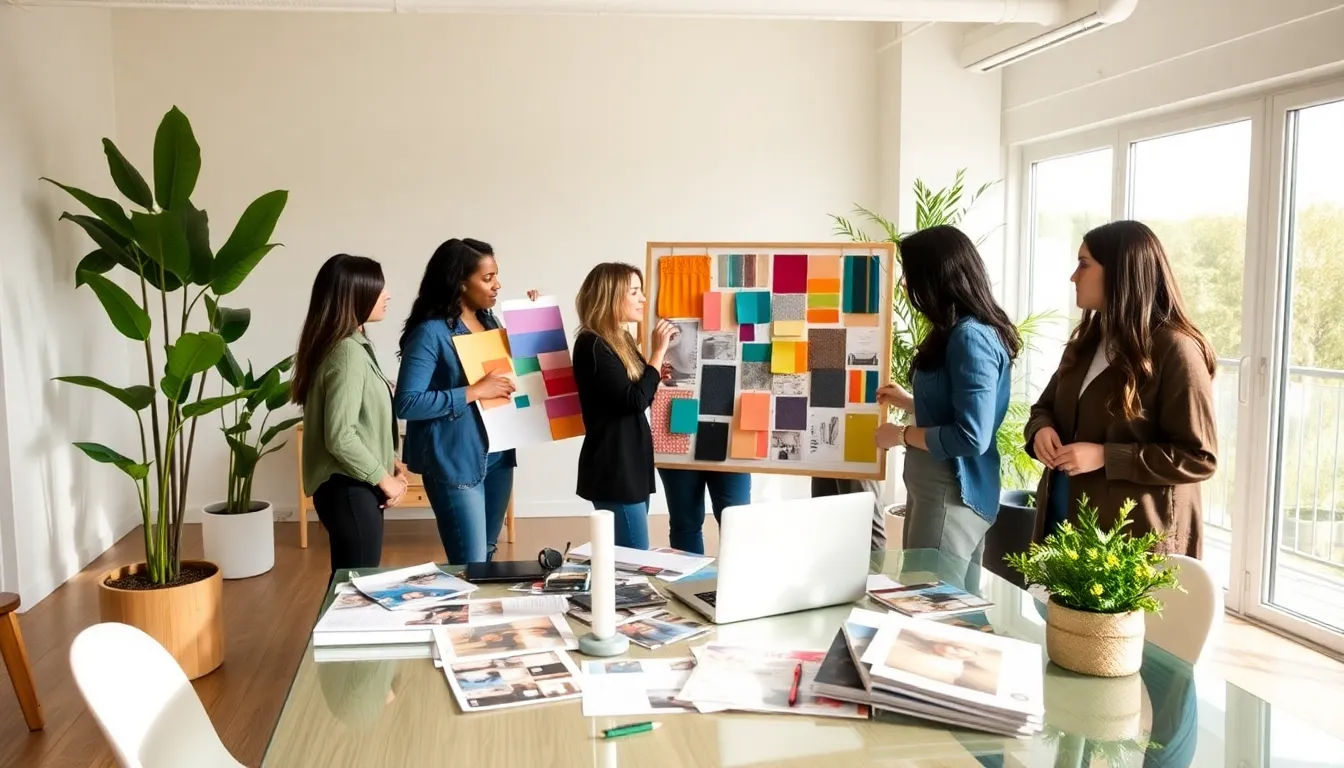 diverse group brainstorming personal style design ideas in a modern office.