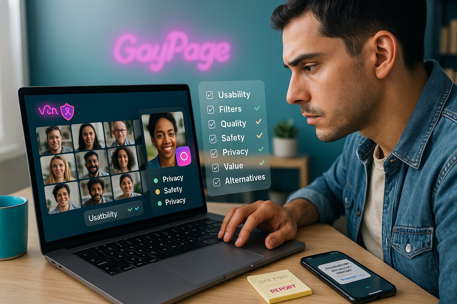 Person evaluating a video chat platform on a laptop with branded colors.