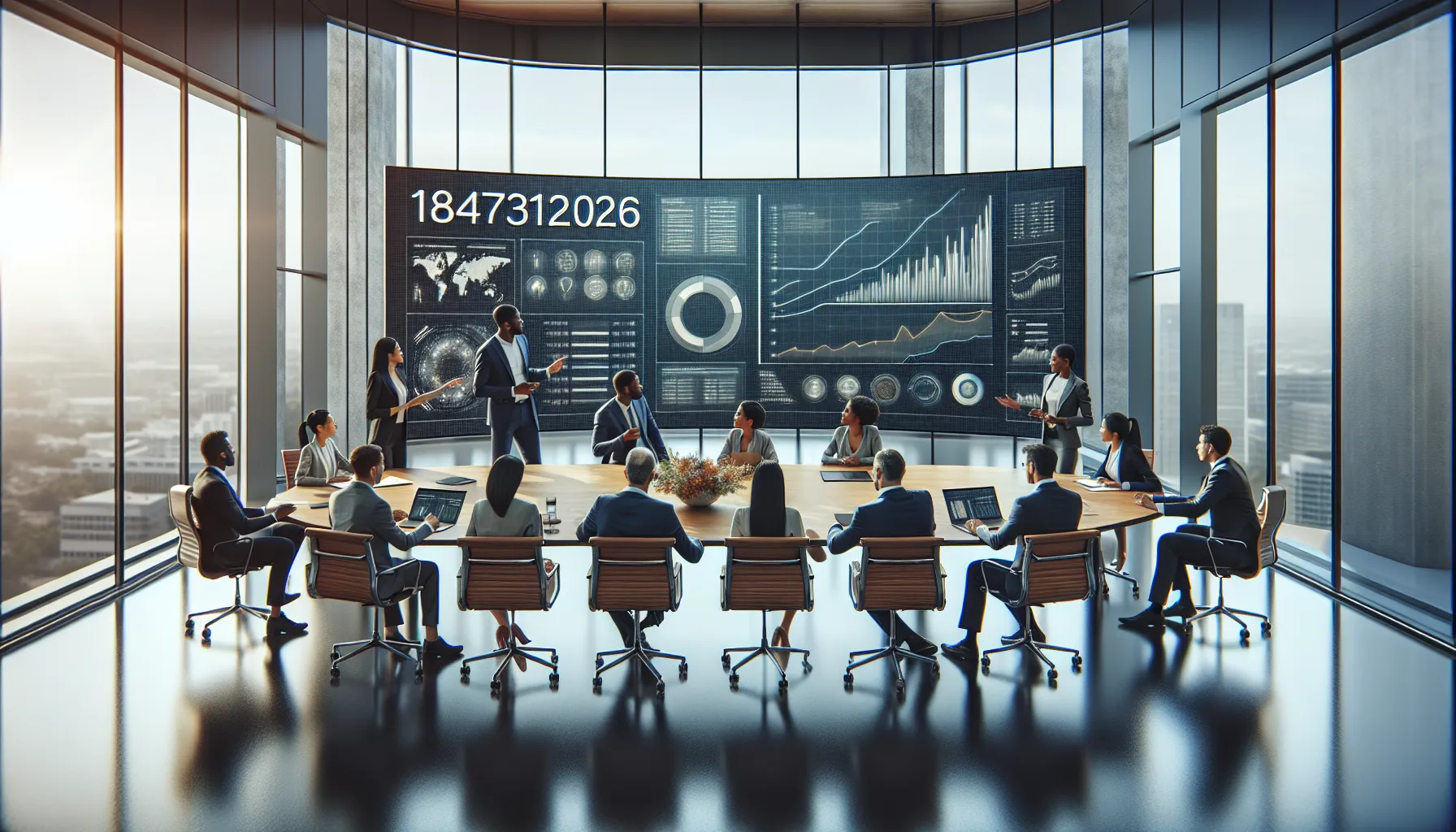 diverse professionals discussing data analytics in a modern office.